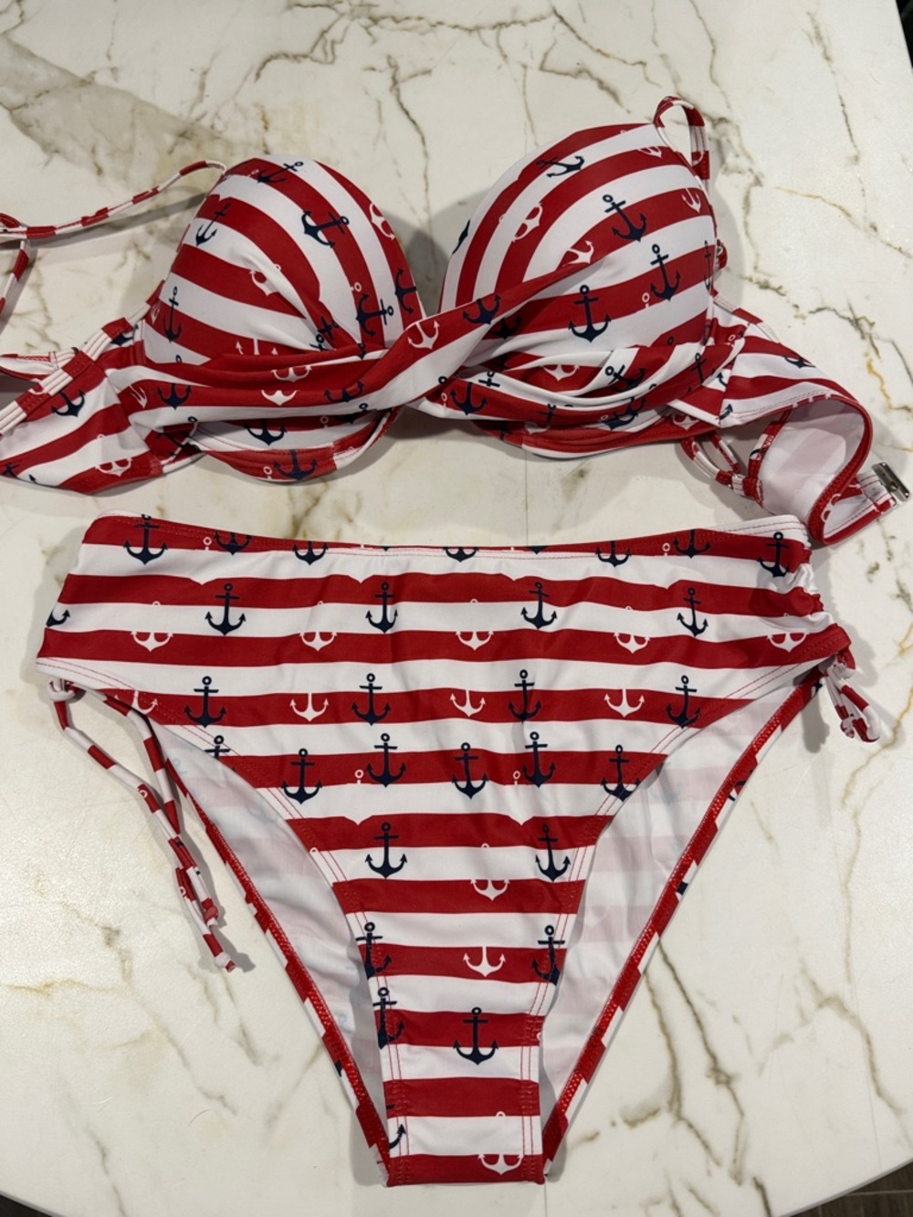 Red & White Striped Anchor Bikini Swim Set